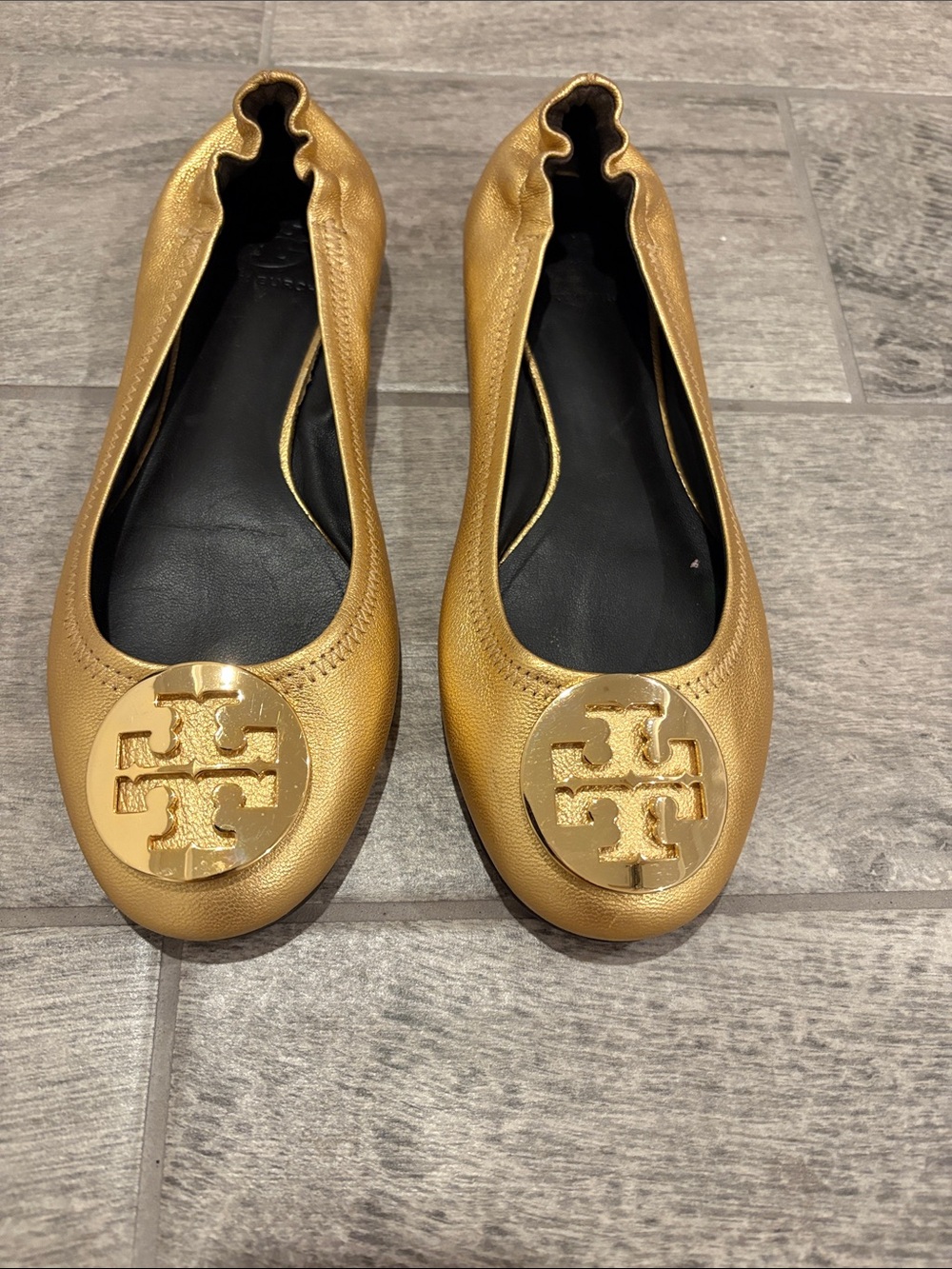 Tory Burch Gold Leather Logo Ballet Flats
